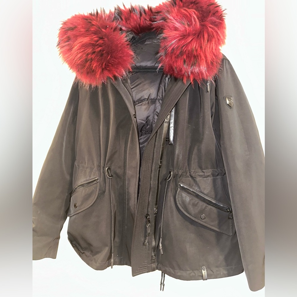 RUDSAK Black Puffer Jacket with Red Fur Collar